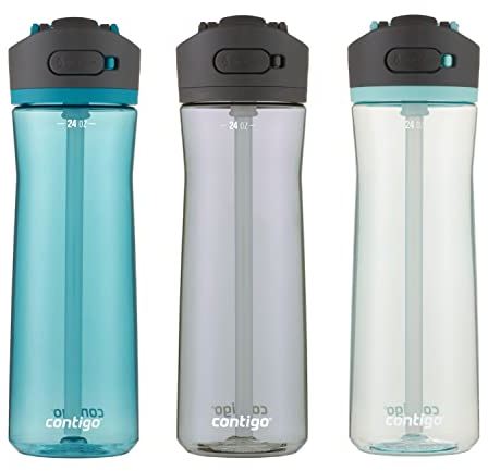 Contigo Ashland 2.0 Leak-Proof Water Bottle with Lid Lock and Angled Straw, Dishwasher Safe Water Bottle with Interchangeable Lid, 24oz 3-Pack, Juniper/Sake/Bubble Tea