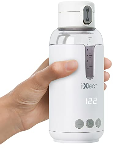 IXTECH Calentador de agua portátil para fórmula de bebé, leche, 8 onzas, calentamiento eléctrico con control de temperatura ajustable, boquilla resistente a fugas, recargable e inalámbrico