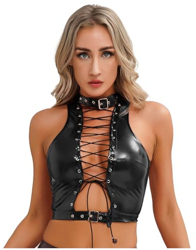 Freebily Débardeur Femme Corset Bra Bustier PU Cuir Extensible Haut Taille Top Gilet Maillot De Corps Punk Veste Disco Soirée Cocktail Clubwear