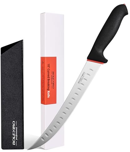 BOLEXINO 10-inch Curved Breaking Knife W/Sheath & SoftGrip Handle, Sharp Premium Butcher Knife Made of High Carbon Stainless Steel For Meat Cutting