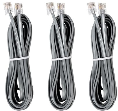 JMZLY RJ12 Cable Phone Cord RJ12 6P6C Male to Male Straight Wired for Both Data and Voice Use Silver - 15 Feet 3 Pack