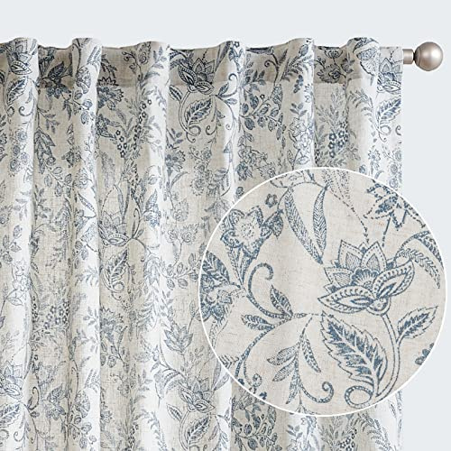 TOPICK Curtains Living Room - Tende in lino con stampa floreale con passanti nascosti, per camera da letto, casa di campagna, 2 pezzi, blu su beige, 140 x 210 cm