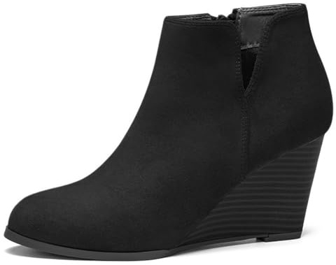 Dernolsea Ladies Faux Suede Ankle Boots with Chunky Wedge Platform, Low Cut Design and Zip Closure All Black 7 UK