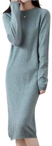 Ailaile Sweater Dress Women's 100% Merino Wool O-Neck Long Raglan Sleeved Knitted Pullover Crewneck Tops Gray Green