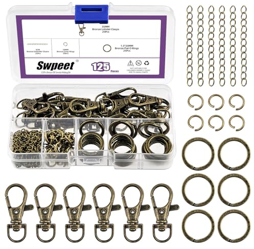 Swpeet 125 st brons nyckelringar set, 25 st vridbara krokar för snodd, 25P nyckelring, 25P förlängningskedjor, 50P hoppringar, svängbara hummerlås, nyckelklämma