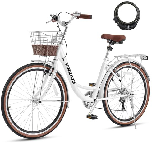 VIRIBUS Beach Cruiser Bike for Women, 7 Speed Womens Bike 24 inch with Rattan Basket, Step Through Bicycle for City Commuting, Adult Bicycle for Female Ladies Seniors