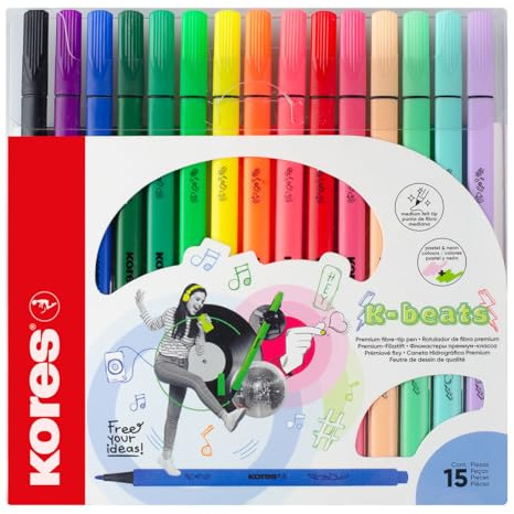Kores – K-Beats Premium filtpennor – fiberspetspennor för skissning, färgning och skrift – unika levande färger, inkluderar neon och pastell – skolmaterial – 15 stycken