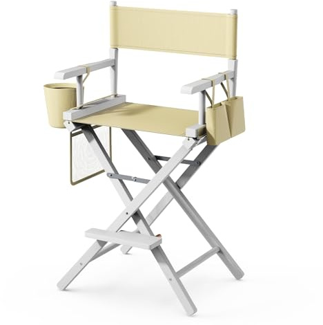 Bonnlo 26 inch Make Up Chair Professional for Makeup Artist 66cm Hight, Directors Chairs Folding, with Portable Storage Side Bags & Footrest, Solid Hardwood & Polyester, Beige, White Frame