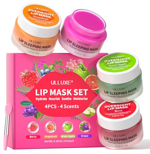 Lippen Schlafmaske 4 teilig, Feuchtigkeitsspendendes Lippenbalsam Set für Damen und Herren, Lippenpflege über Nacht zur Beruhigung trockener Lippen mit Beeren, Grapefruit, grünem Apfel und Traube