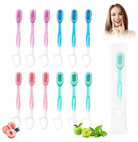 Kinesgsg Set med 12 mini 5-i-1 bärbara engångstandborstar med tandkräm, individuellt förpackade, mini tandborste att ta med tandkräm, knappar, tungskrapa, tandtråd