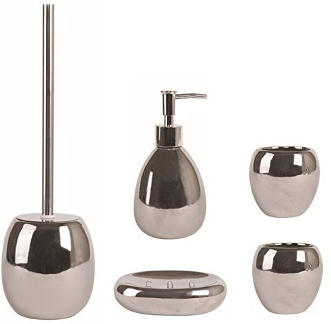 MSV Badezimmer Set, 5-teiliges Badzubehör aus Keramik Dakhla, Seifenspender, WC Bürste, Seifenschale und Zahnputzbecher Silber glänzend
