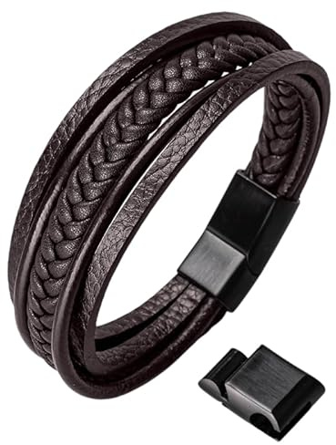 HOOF Bracelet pour homme en cuir véritable tressé noir/marron - 19,5 à 27 cm - Fermoir magnétique - Acier inoxydable - Élégant coffret à bijoux - Cadeau pour homme, ami, partenaire jusqu'à XXXL, 26