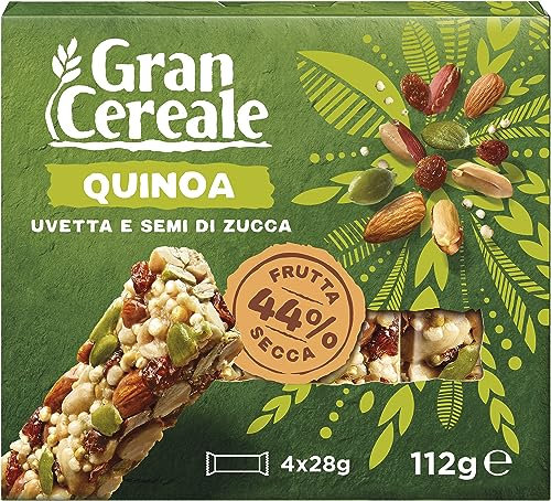 Gran Cereale, Snack Barrette con Frutta Secca, Uvetta, Semi di Zucca e Quinoa Soffiata, 4 Barrette, 112 g