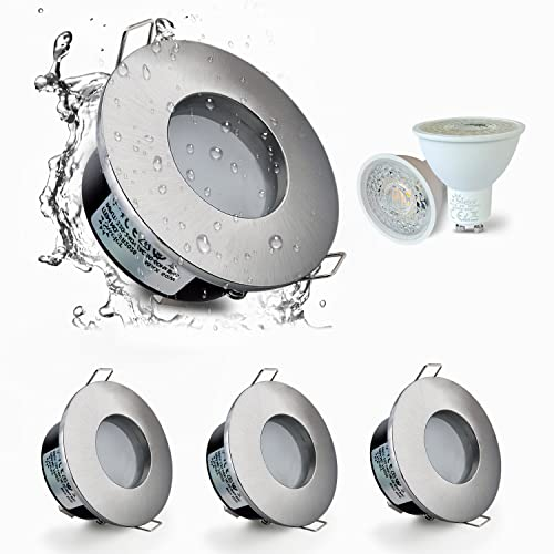 Sweier Impermeabile Downlight da Incasso IP65, 5W Bianco Caldo 3000K Faretto da incasso per Bagno, 430 Lumen Faretto da Incasso Impermeabile GU10, 68mm cut-out, Set di 4, Inclusa Presa GU10