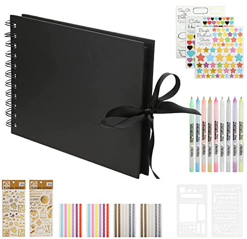 HXC Photo Scrapbook Photo Album Scrapbook A5 Black Scrapbook,DIY Memory Books for Baby Wedding Albums, Scrapbook kit with Marker Pens Photo Corners Sticker 60 Pages (Black)
