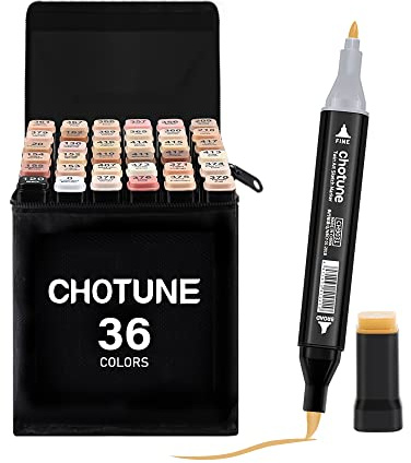 CHOTUNE Pennarelli 36 Colori Della Pelle, Marcatore Doppia Punta Design Morbido Della Testa, Marker Set Facile da Miscelare per Schizzi e Illustrazioni, con Base e Borsa per il Trasporto