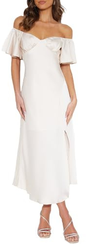 2025 Summer Women's Satin Off Shoulder Formal Dress Wedding Guest Elegant Butterfly Sleeve Split Cocktail Prom Midi Dresses White