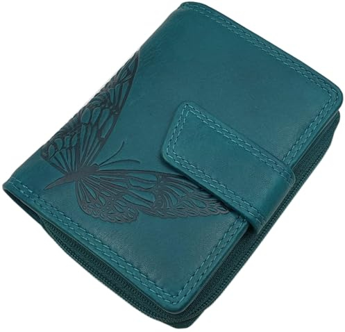 Kleine Echt Rindleder Damen Geldbörse/Geldbeutel/Portemonnaie/Geldtasche in Hochformat mit RFID & NFC Schutz (Mit Schmetterling-Motiv/Petrol)