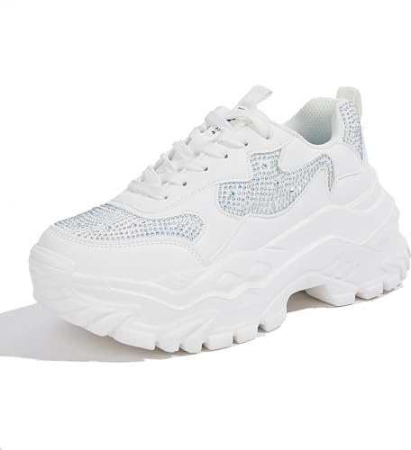Niluber Chunky Sneakers for Women Platform Sneakers for Women Comfortable Casual Tennis Shoes Lace Up Fashion Walking Shoes(White Rhinestone,8)