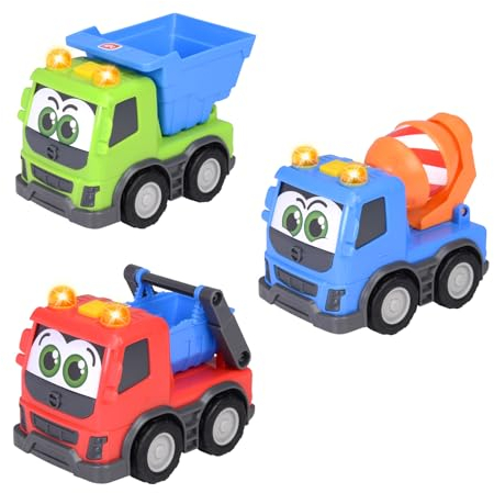 ABC - Baustellenfahrzeug Volvo Trucky ab 1 Jahr (13 cm) - Schiebeauto mit Licht & Sound für Kleinkinder zur Förderung der Motorik, 3-fach sortiert (Kipp-Laster, Betonmischer, Container-LKW)