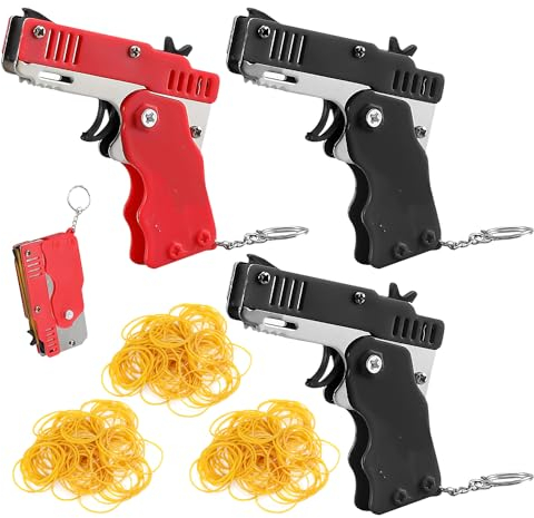 3er-Pack Gummibandpistole mit 180 Gummibändern, Faltbare Spielzeugpistole, Gummiband Spielzeug Pistole, Metall Schlüsselanhänger Anhänger, Geeignet für Kinder und Erwachsene Schießspiel Aktivitäten