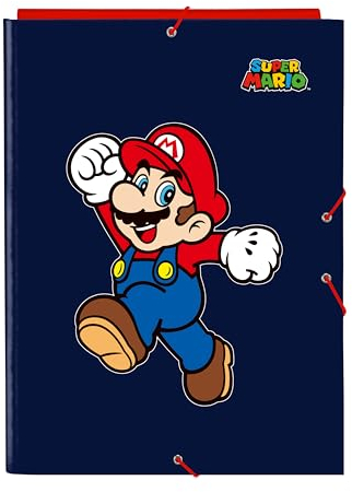 SUPER MARIO WORLD - Folio-Ordner mit 3 Klappen, ideal für Kinder verschiedener Altersgruppen, bequem und vielseitig, Qualität und Widerstandsfähigkeit, 26 x 36,5 cm, Marineblau, marineblau, Estándar,