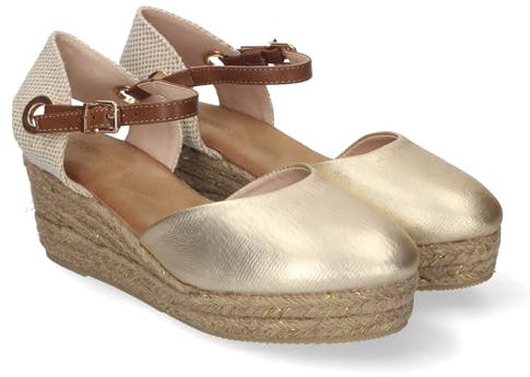 shoes&blues.es 84238 Sandalia de Cuna de Yute para Mujer, Comodas y Elegantes, Pala Cerrada, Yute con Adornos Brillantes y Cierre de Hebilla Ajustable. Oro Talla 39