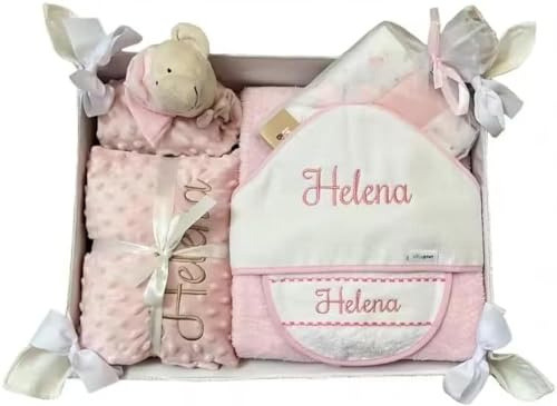 Danielstore - Canastilla Bebé Personalizada | Manta y Dou Dou con Nombre | Toalla de Baño y Babero Bordados | Pack 3 Gasas | Cesta para Recién Nacidos