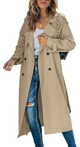 Felcia Women's Classic Long Trench Coat Double-Breasted Lapel Long Sleeve Windproof Overcoat with Belt (A-Khaki, XXL)