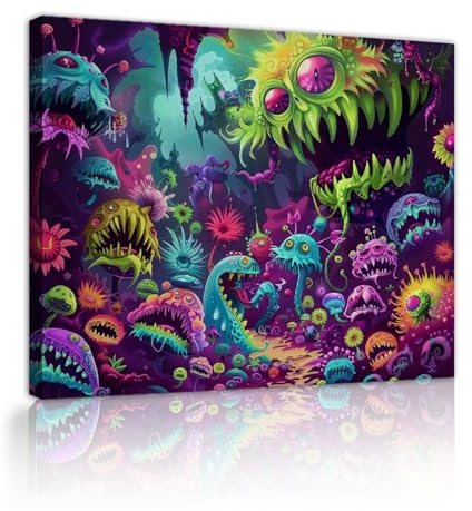YUNART Cuadros De Monster Forest Para Dormitorio Animales Con Dientes Afilados Cuadros Cuadros Estirados y Marcos Lienzos para Sala de Juegos 40x50cm Bastidor interior