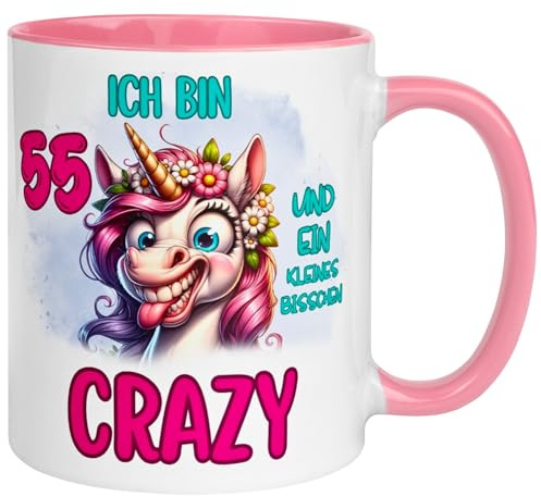 55 Geburtstag Frauen Geschenk Tasse | Ich bin 55 und kleines bisschen crazy | Lustige Geburtstagstasse mit Spruch 55. Geburtstag | 55ter Geburtstag - Witziges Geburtstagsgeschenk Frau