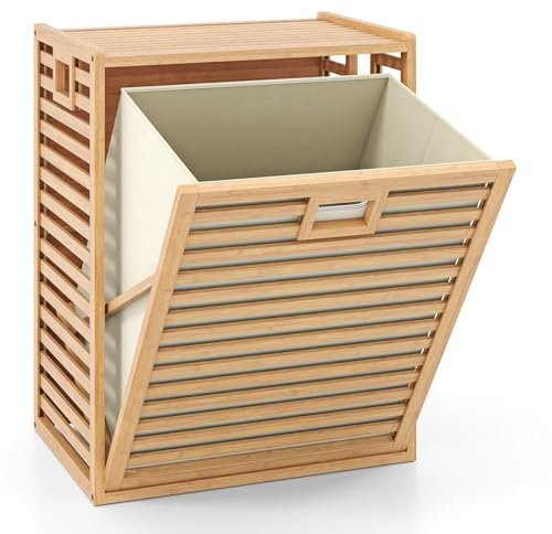 COSTWAY Bamboo Laundry Basket, 68L Tilt-out Laundry Hamper with Foldable & Removable Liner Bag, Dirty Clothes Cabinet Bin Washing Basket Organiser for Bathroom and Bedroom, 50x35x64cm, Natural