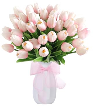 Abiyou Tulipani Artificiali, 15 Pezzi Realistici Bouquet di Fiori Finti di Tulipani, Tulipani Rosa Finti, Fiori di Tulipano Artificiale Inviato Nastro di Raso, for Matrimonio, Festa (Rosa)