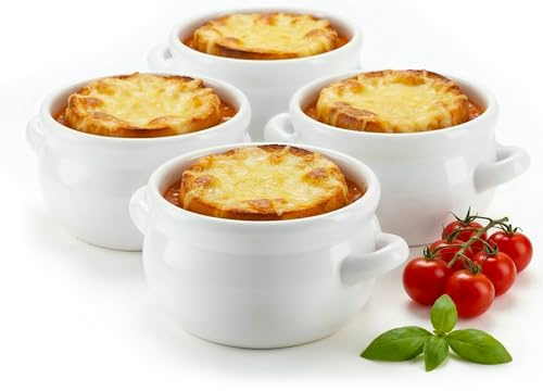 KooK Juego de 4 platos de cerámica para sopa de cebolla francesa con asas, aptos para lavavajillas, microondas, horno y asador, color blanco, 18 onzas