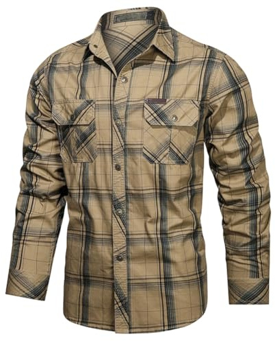 Check-Camiseta, Camisa Clásica a Cuadros Manga Larga de Algodón para Hombre, Ligero y Agradable Protección UV para Pesca, Tala, Montañismo, Caza