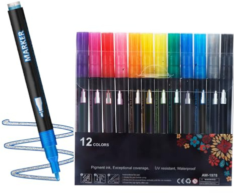 Outline Marker Pens - 12 Colors Double Line Art Glitter Pens | Outline Color Markers - For Art Painting Doodling Journaling Posters Greeting Card Decorating Crafts School Classroom