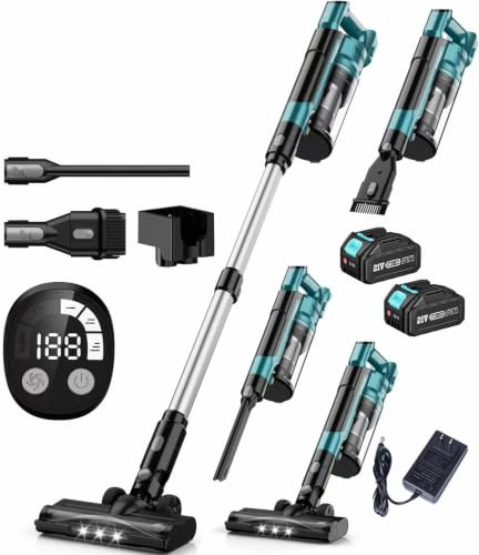 Yospinber 60KPA/700W Aspiradora Sin Cable Potente, 70Mins Escoba Aspiradora Sin Cable con Baterías Desmontables de 2 * 4,0Ah, Cepillo Anti-Enredo,Pantalla LED, para Mascotas/Suelos/Alfombras/Coche