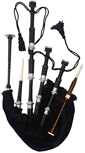 Dudelsack aus Palisander mit silberfarbenen Halterungen, schwarzes Finish, Highland-Dudelsack und Zubehör Full Size 40 x 20 Schwarz, Samt schwarz