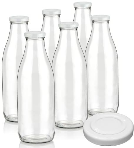 Geniess-Bar! 6 Milchflaschen 1 Liter inkl. Deckel & Ersatzdeckel 1L Glasflaschen erhältlich mit 2/4/6/9/12/15 Saftflaschen 1000ml Flaschen Weithalsflaschen leer mit Schraubdeckel Vorratsglas
