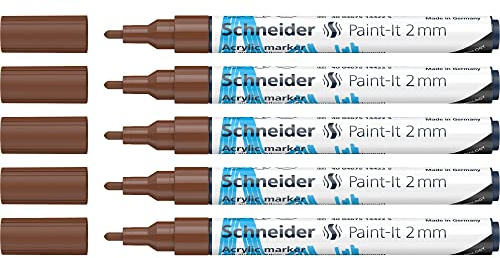 Schneider 120107 Paint-It Acrylstifte (mit 2 mm Rundspitze, hochdeckende Acrylfarben für Holz, Leinwand, Stein uvm.) 5er Pack, braun