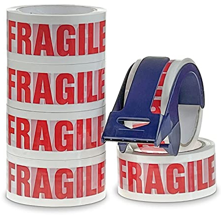Crimson Starfish Fragile Tape & Dispenser | 6 Rolls 48mm x 50m | Strong Parcel Tape For Moving with 'Fragile' Print | Easily Seals Parcels & Boxes