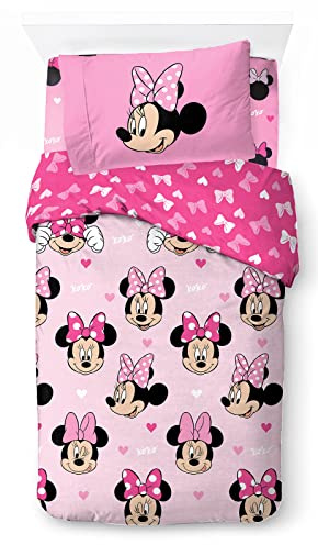 Jay Franco Disney Minnie Mouse Hearts & Love 100% Cotton 3 Piece Single Bedding Set - Includes Duvet Cover, Fitted Sheet & Pillowcase