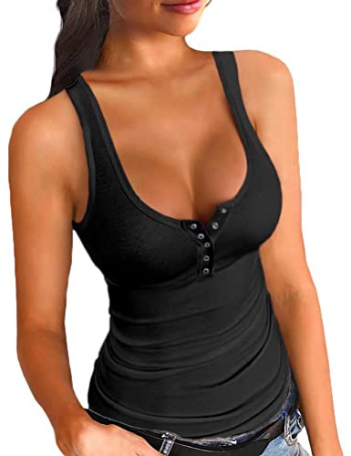 Minetom Femme Débardeur Crop Top Dos Nageur Caraco Chic et Elegant sans Manche Col Rond Haut Court Tank Top Boutonnage Camisole Décontracté Moulante Caraco Cropped Tshirt C Noir L