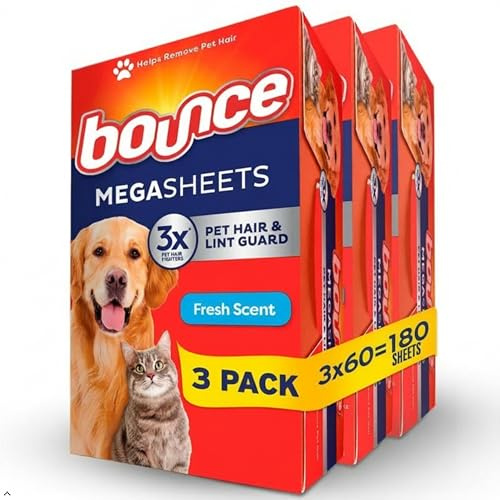 Bounce Pet Hair and Lint Guard Mega Fabric Softener Dryer Sheets with 3X Pet Hair Fighters, Fresh Scent, 180 Count, Bounce Dryer Sheets, Laundry Sheets, Mega Sheet