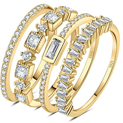 JewelryPalace Anillos Mujer Plata, Oro 14k y Oro Rosa - Banda de Boda Fino Apilable con Circonitas - Media Eternidad Clásico con Piedras, Conjunto Joyas de Mujer