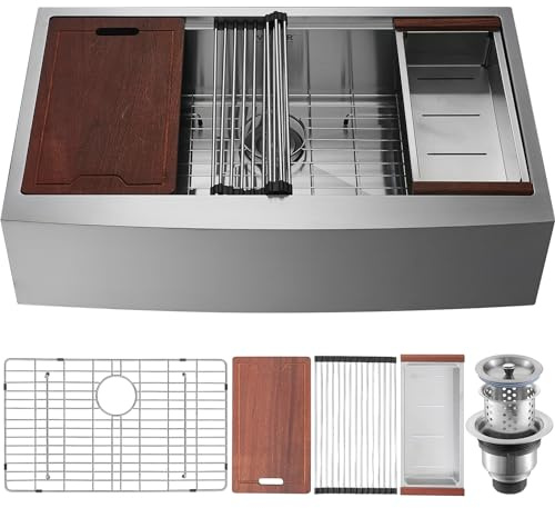 VEVOR Fregadero de Cocina Estilo Campestre Fregadero de Un Seno de Acero Inoxidable 304 con Tabla de Cortar Filtro de Escurridor Drenaje Rápido para Preparación de Cocina Casera 76 x 56 x 23 cm