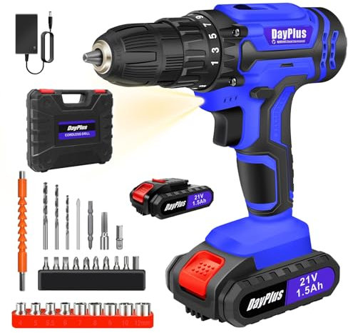 Taladro atornillador inalámbrico de 21 V, destornillador desatornillador inalámbrico, 2 velocidades, 25 + 1 ajustes de par, 26 accesorios, 45 Nm Taladro atornillador, LED, 2 baterías kit de bricolaje