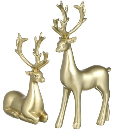 Luxshiny 2 Figuras de Reno Dorado de Resina, Decoración Navideña de Ciervo para Hogar Oficina, Adornos Compactos 7.1x3.7 Pulgadas para Festividades