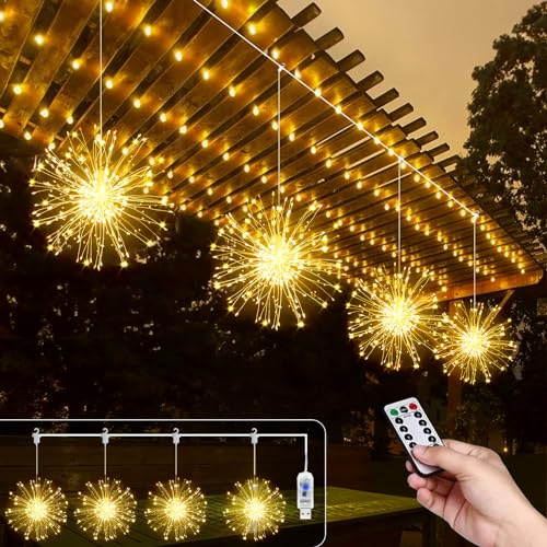 Micacorn LED Stringa Luci, 4Pezzi Luci Fuochi D'Artificio 480 LEDs 8 Modalità Luci a USB LED Fuochi d'Artificio Luci Fatate con Telecomando per Natale Interni e Esterni Feste Matrimonio