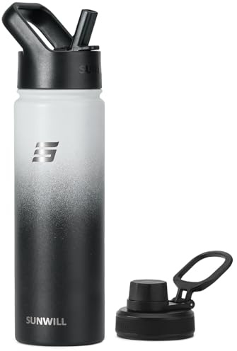 SUNWILL Stainless Steel Water Bottle with Straw, 650ml Insulated Water Bottle Metal, Leakproof Water Flask for Gym & Travel, Gradiant Black White